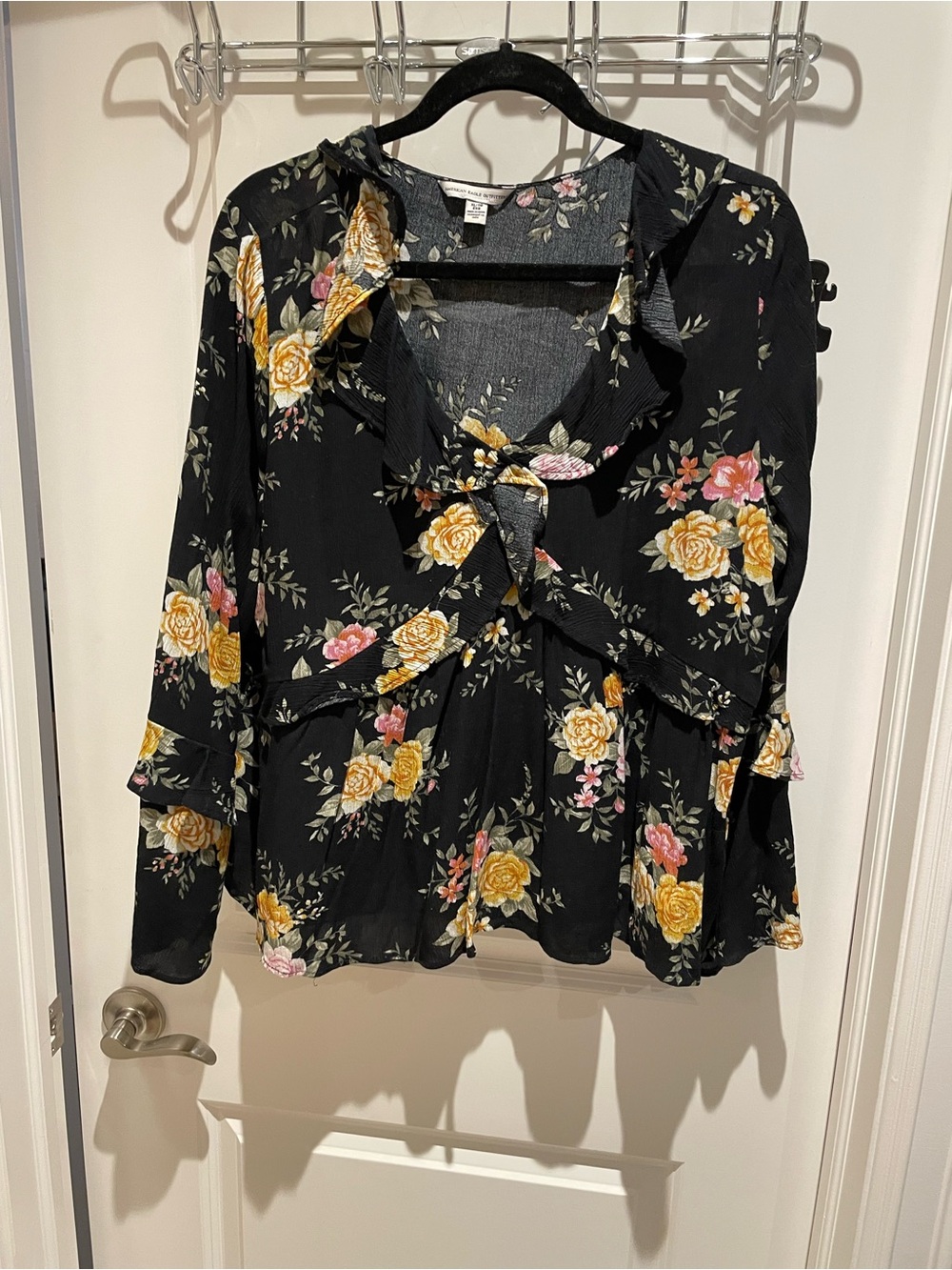 Floral Ruffle V-Neck Blouse - Black with Yellow & Pink Roses